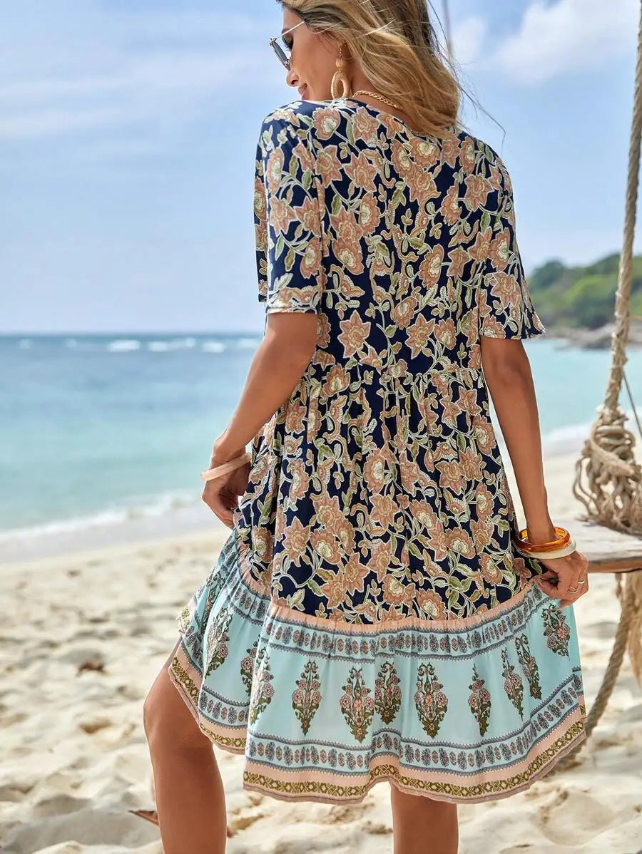 Boho Floral Print V-Neck Short Sleeve Mini Dress With Button