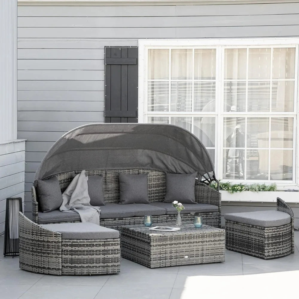 Outdoor Rattan 4 Piece Patio Set With Canopy And Cushions