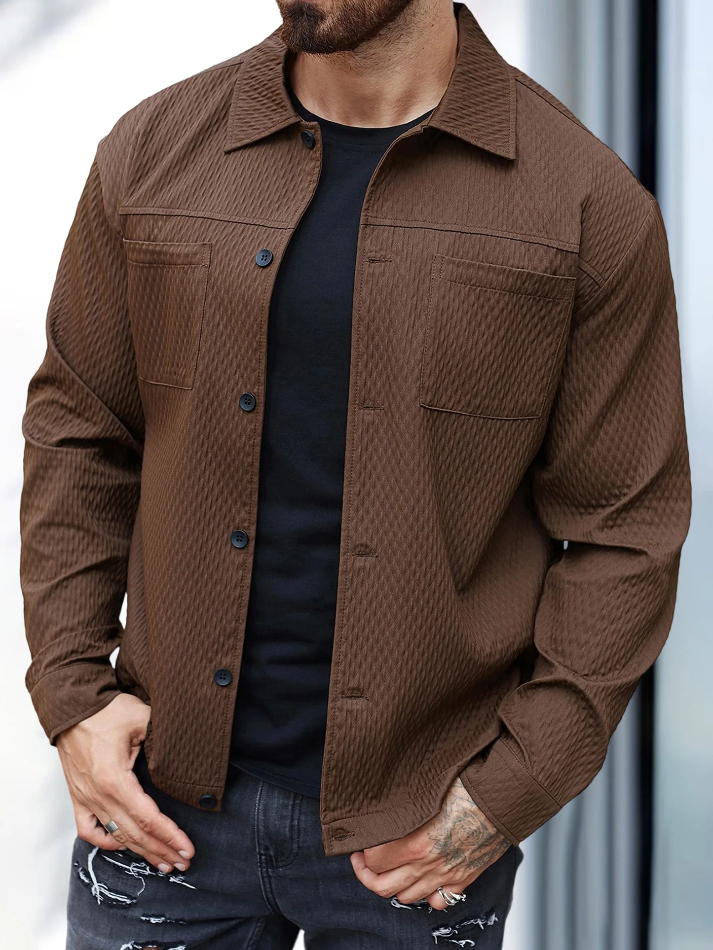 Mens Casual Shirt Jacket Long Sleeve Button Up Top Outerwear