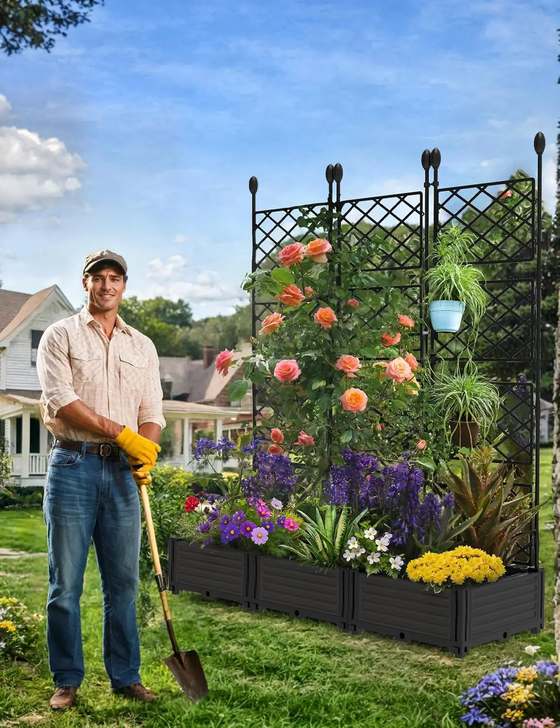 Three Piece Outdoor Raised Planter Boxes With Trellis