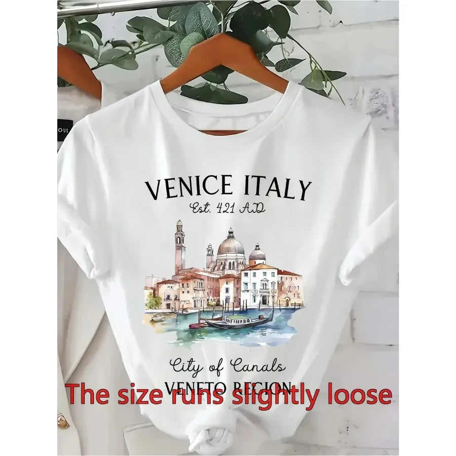 Women Cotton Tee With Venice Canals Print For Spring