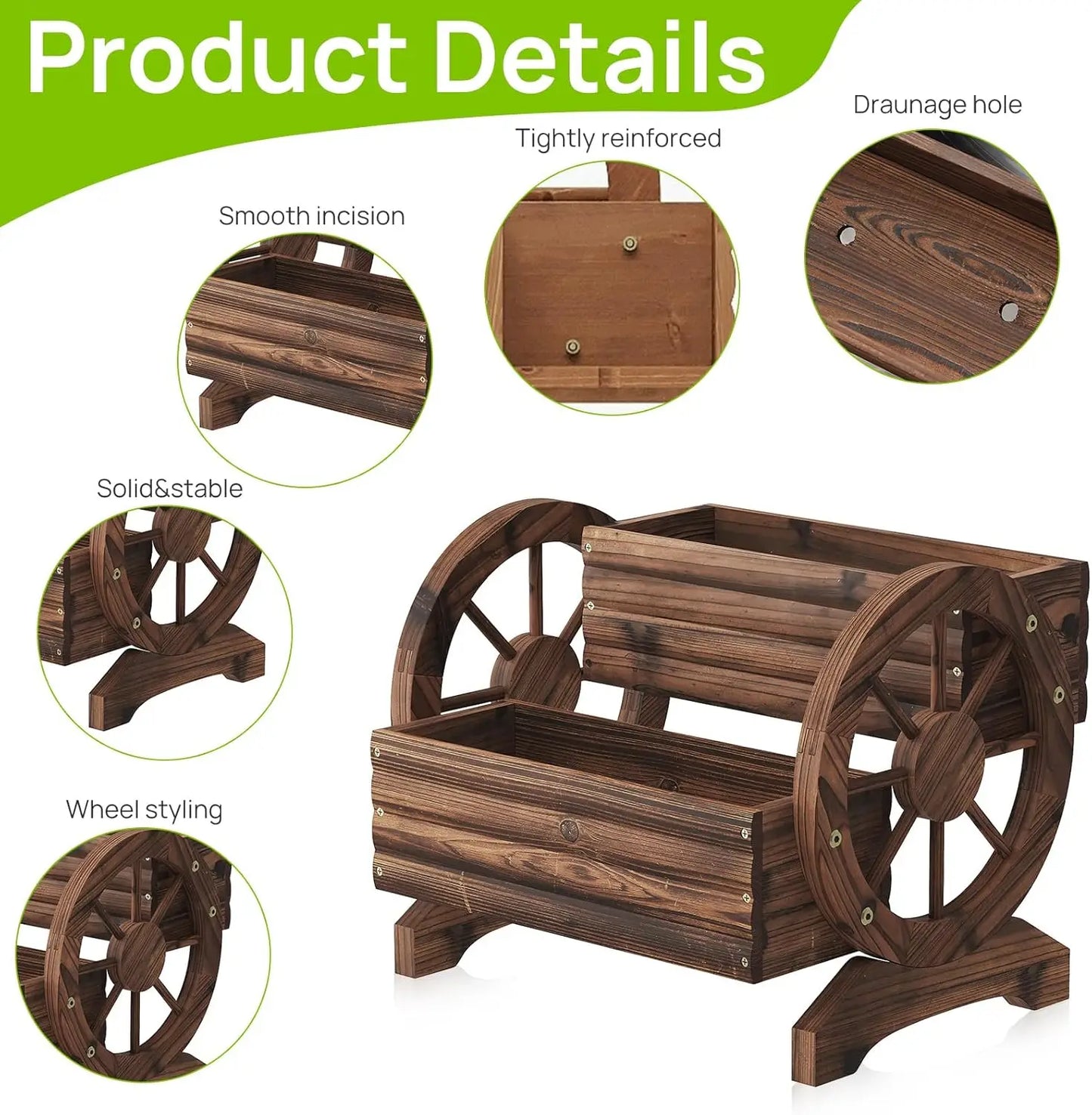 Wooden Wagon Planter With Wheels For Succulent Outdoor Garden Decor