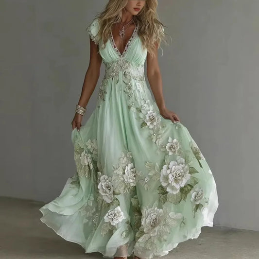 Spring European Style Loose Slit 3D Printed Dress For Women