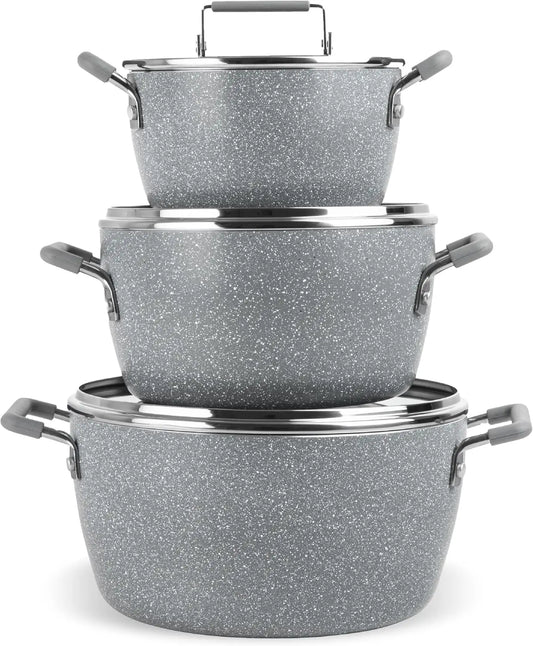 Nonstick Stackable Pots Set With Lids Space Saving Granite Coating
