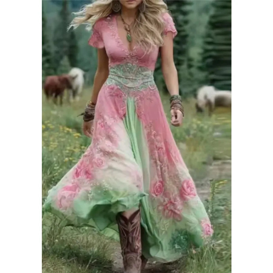 Spring European Style Loose Slit 3D Printed Dress For Women