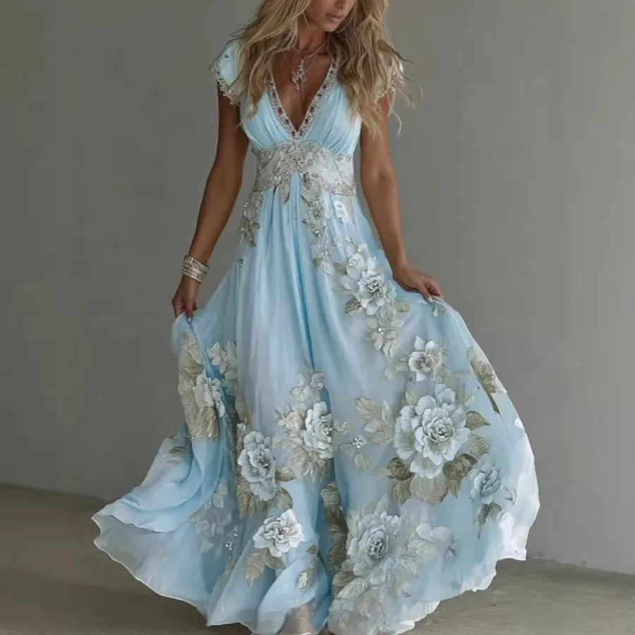 Spring European Style Loose Slit 3D Printed Dress For Women