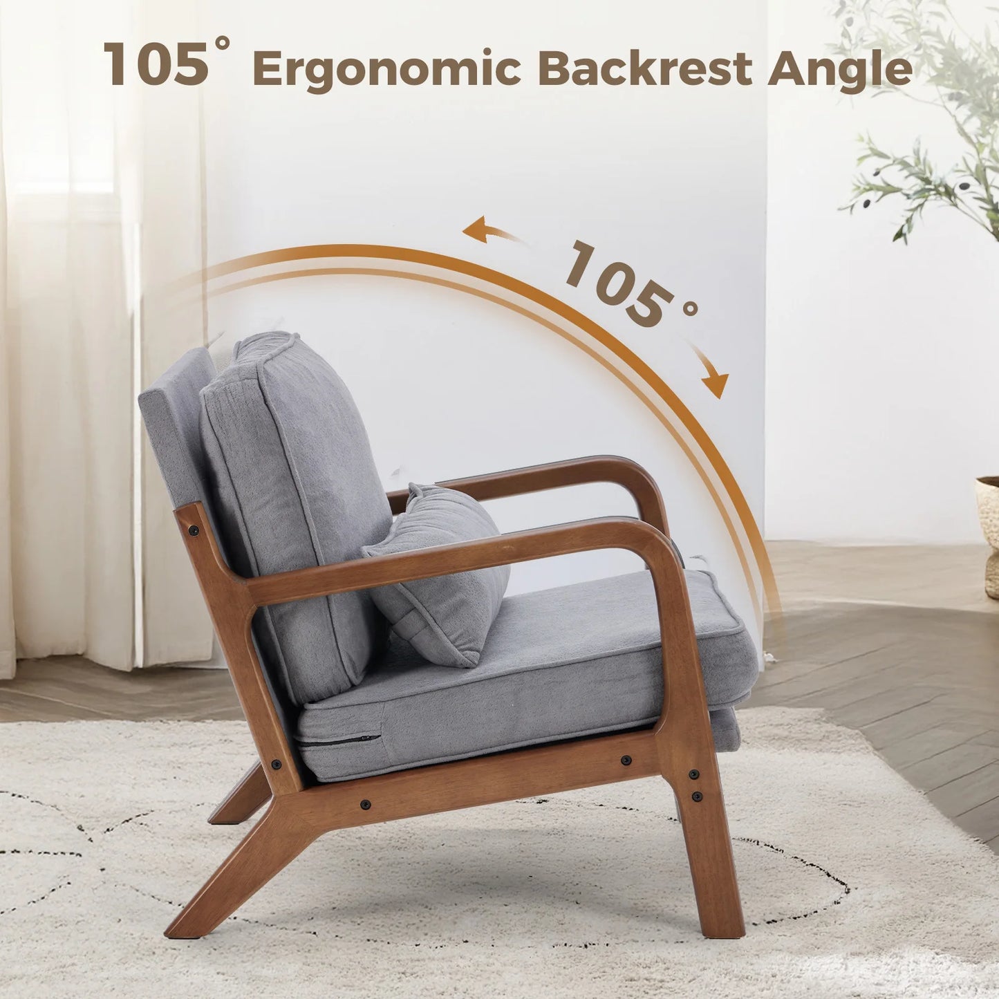 JHK Mid Century Modern Wood Chair With Armrests And Cushion
