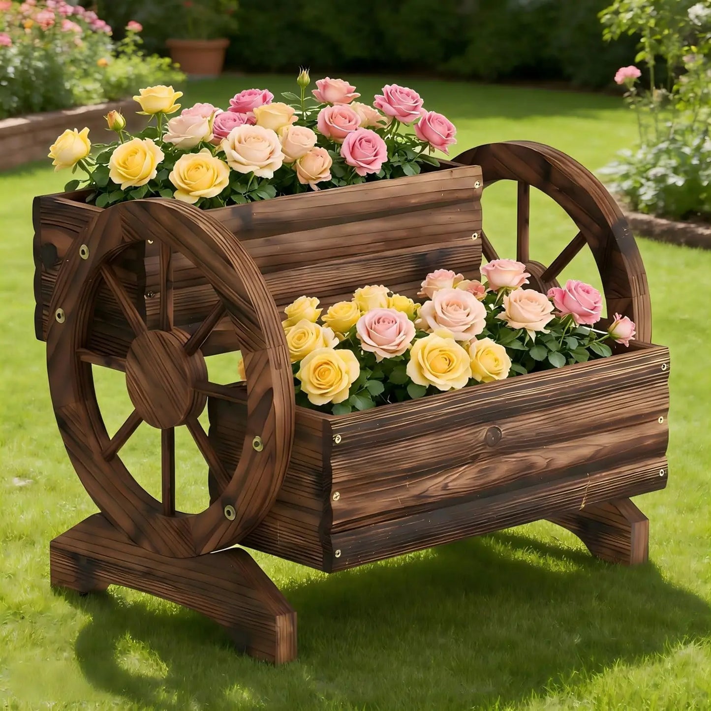 Wooden Wagon Planter With Wheels For Succulent Outdoor Garden Decor