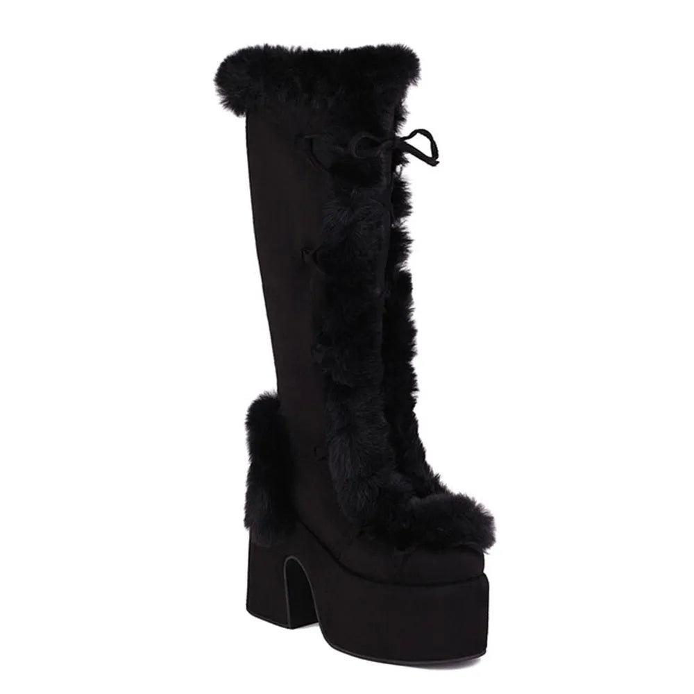 GIGIFOX Fur Super Chunky High Heel Platform Mid Calf Boots