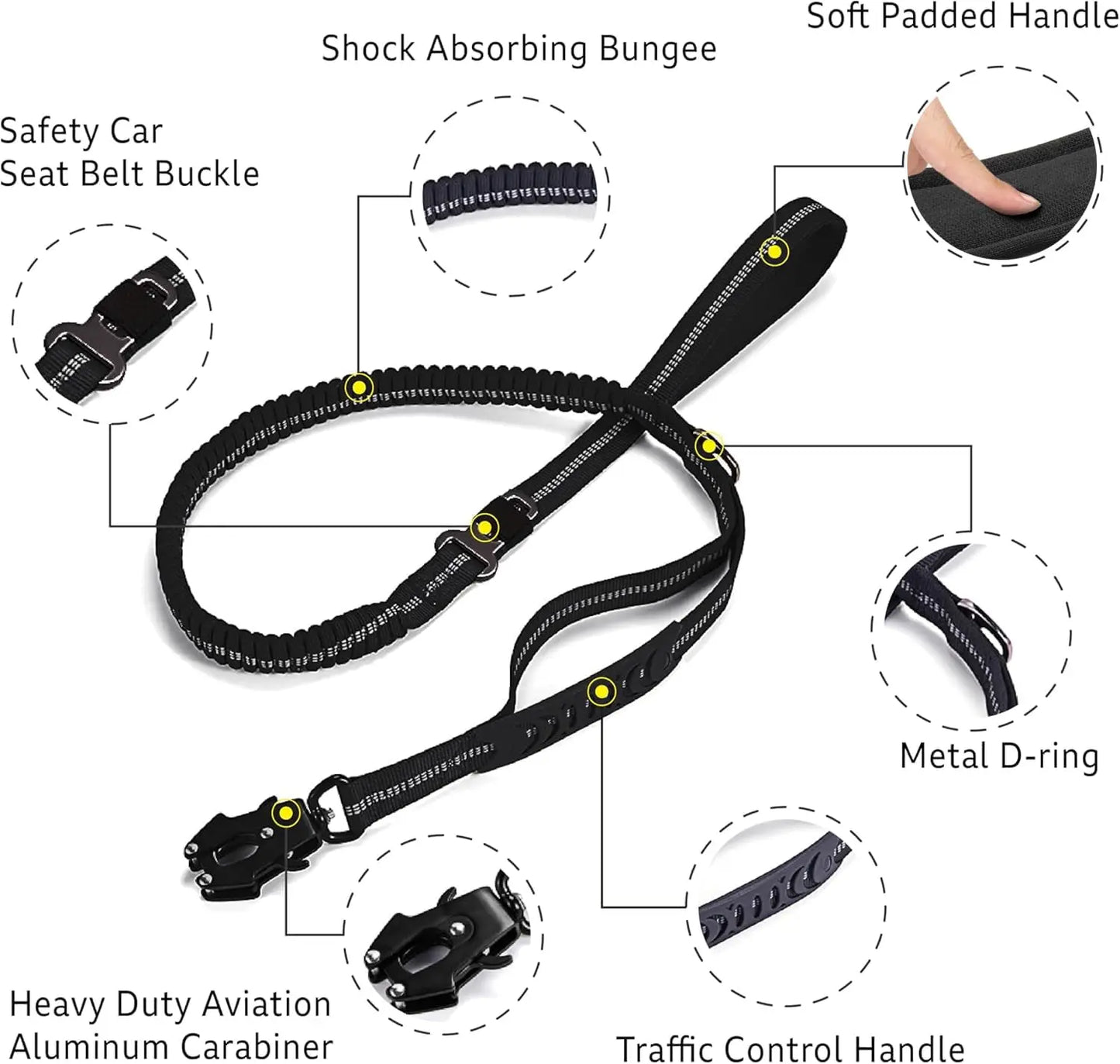 Reflective Shock Absorbing Dog Leash With Car Seatbelt No Pull