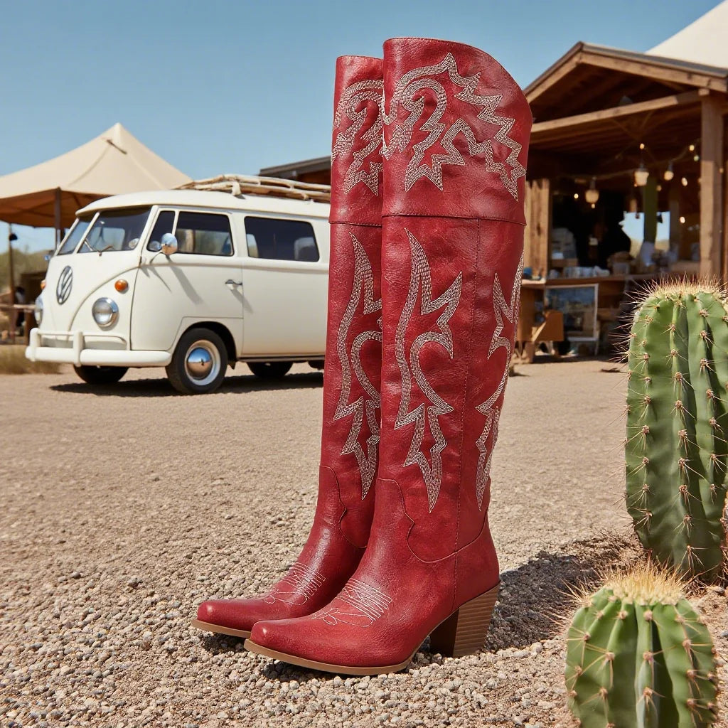 Women Over The Knee Western Boots With Square Toe Zipper