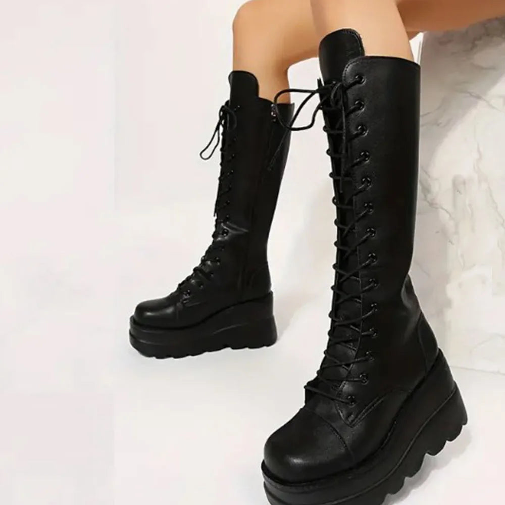 DoraTasia Gothic Mid Calf Boots With Side Zip Lace