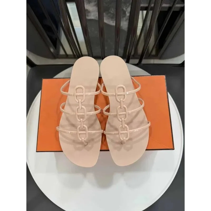 Chain Pig Nose Jelly Women Flat Bottom Slippers Flip Flops