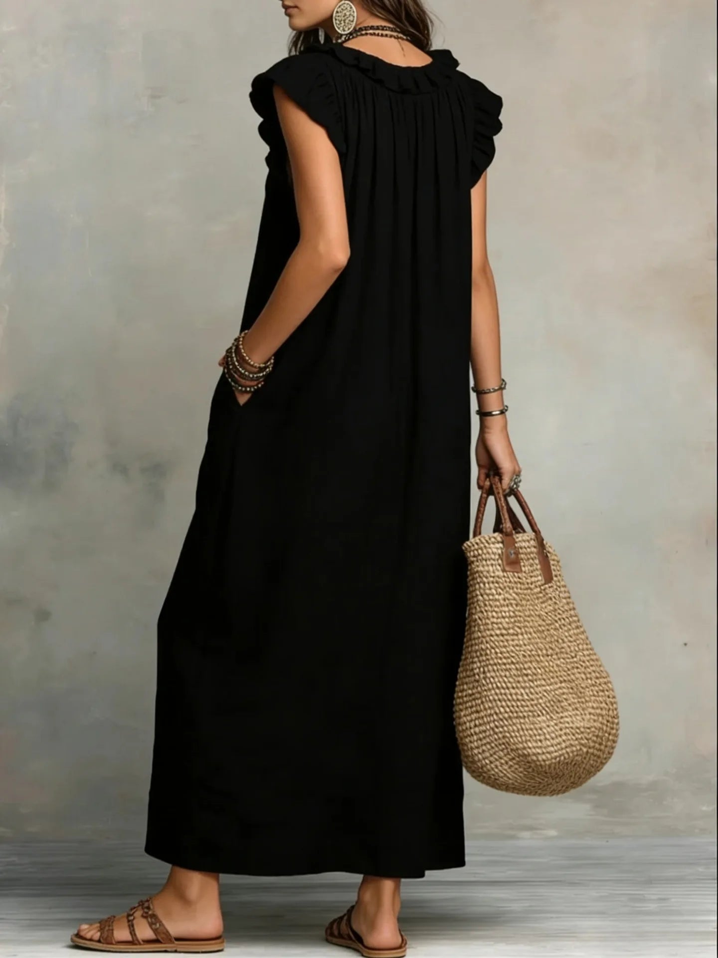 Women's Retro Bohemian Linen Maxi Dress With Ruffle V-Neck