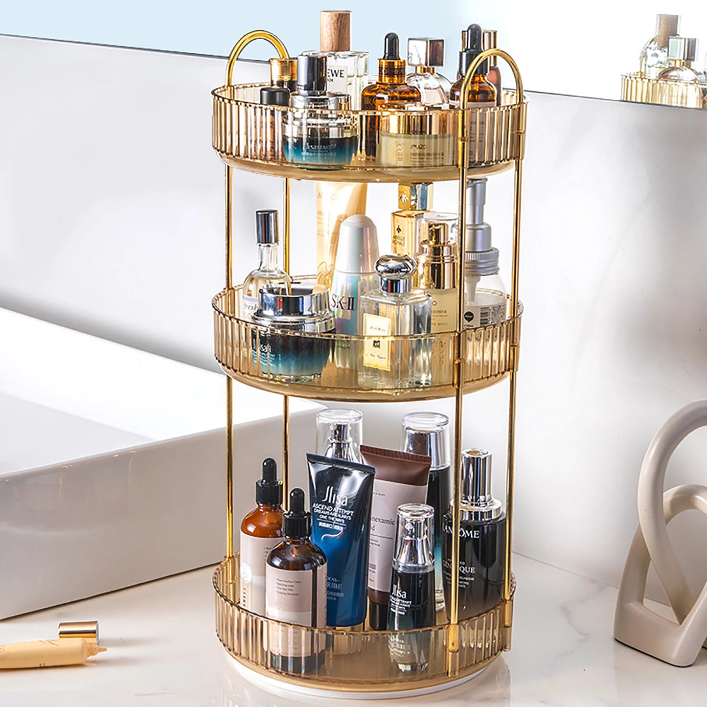 Rotating Makeup Organizer Vanity 3 Tier High Capacity Cosmetic Storage