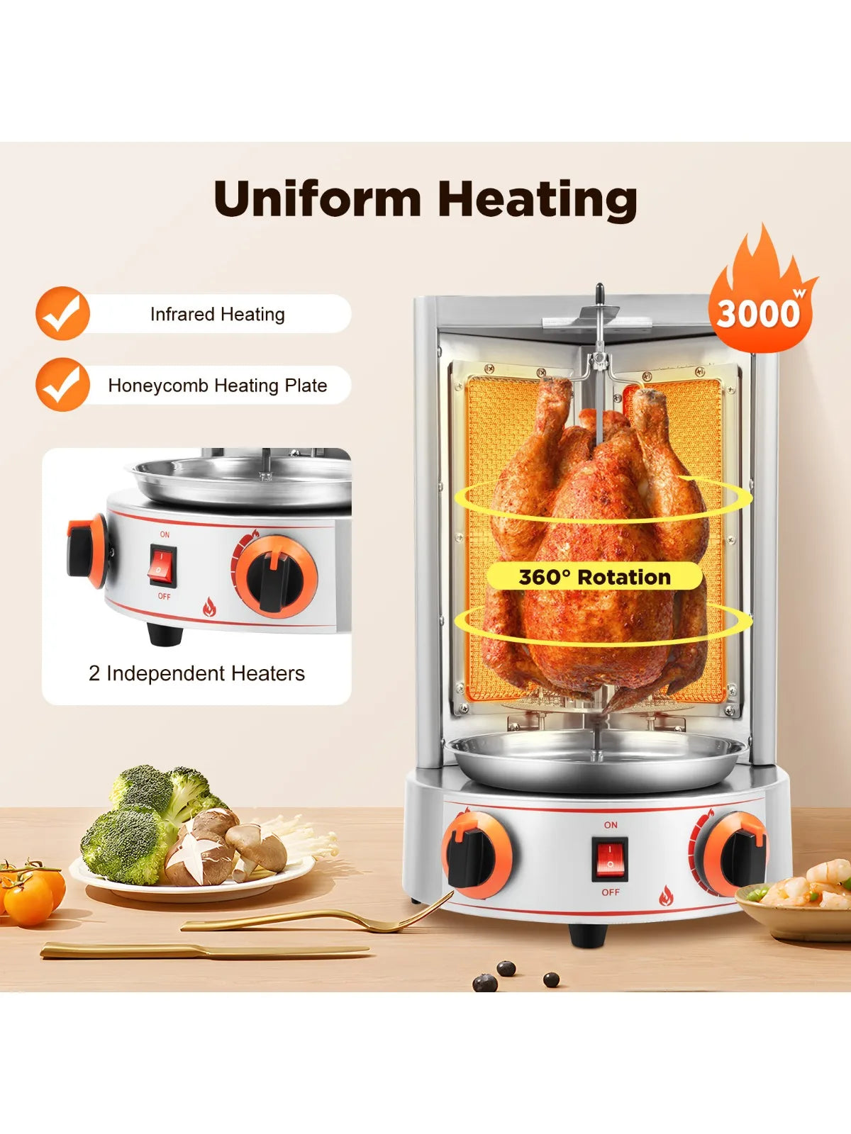 Electric Vertical Shawarma Broiler Rotating Gyro Grill 2 Burner