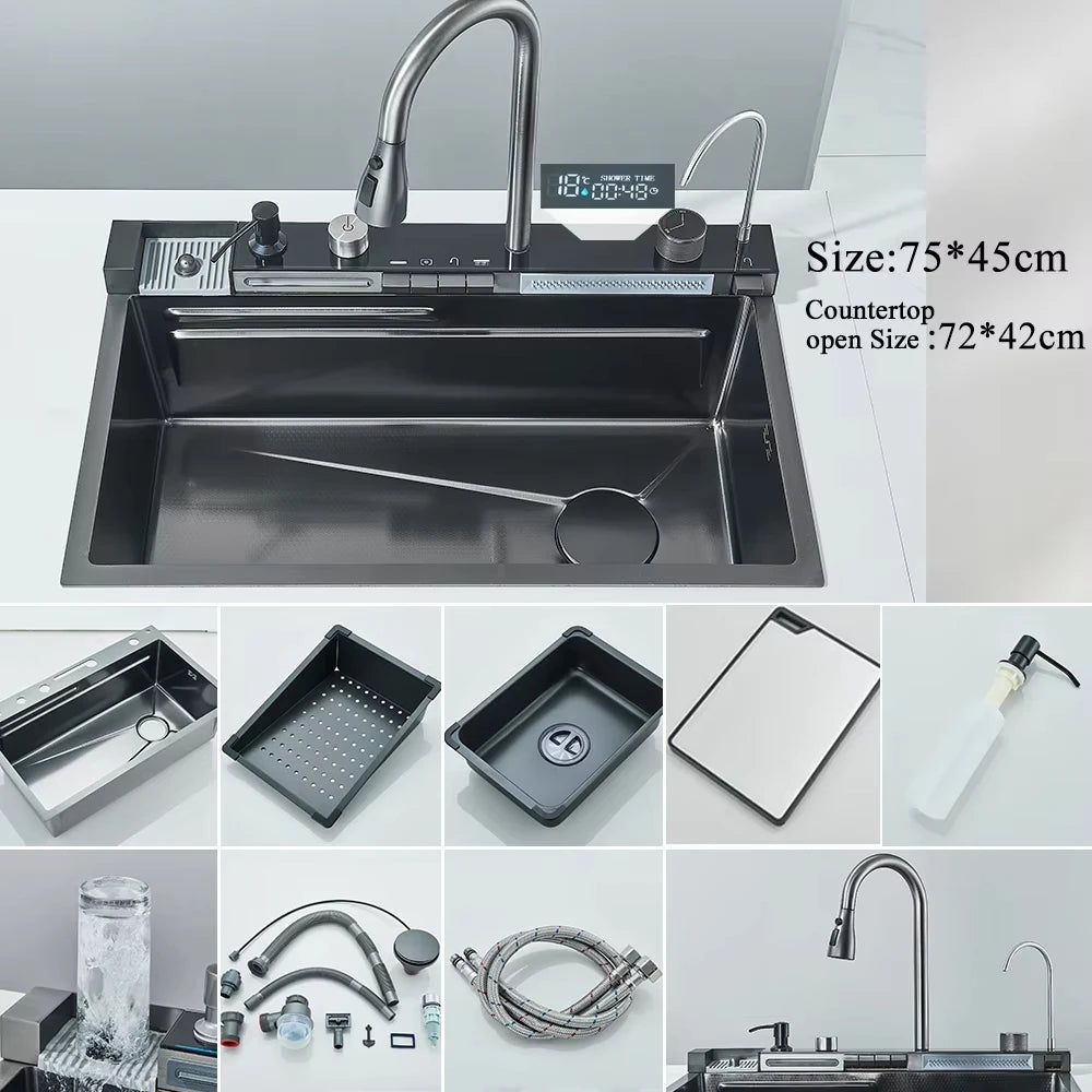 MYQualife 304 Stainless Steel Waterfall Kitchen Sink Faucet Set