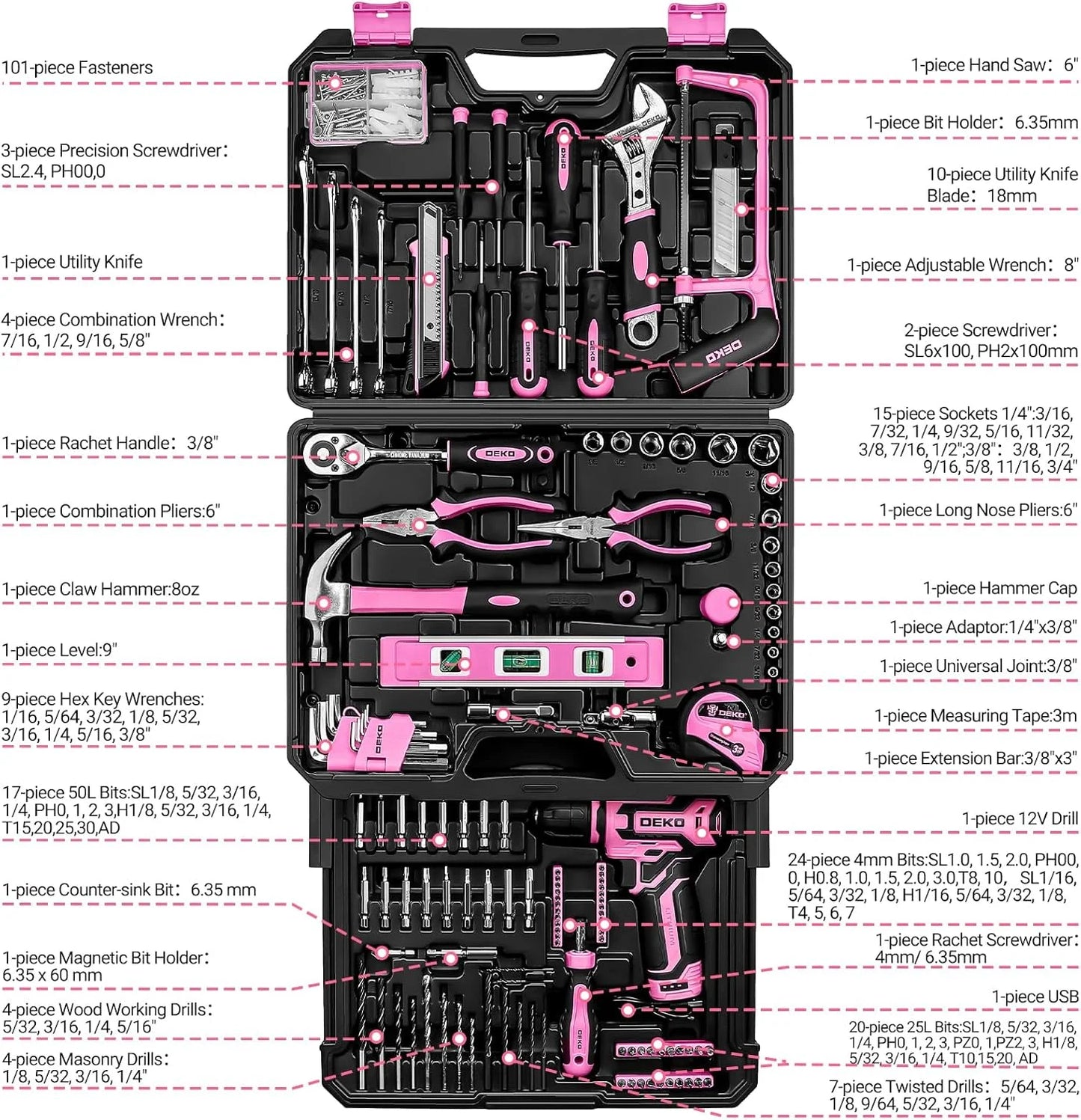 DEKO 12V Cordless Drill And Mechanic Toolbox Kit With Organizer