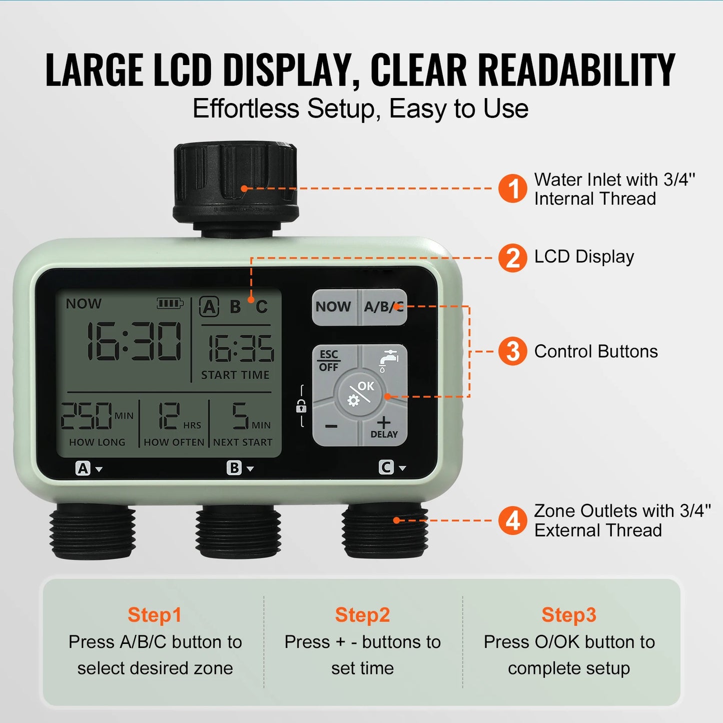 SucceBuy 3 Outlet Water Timer With Independent Zones LCD Display
