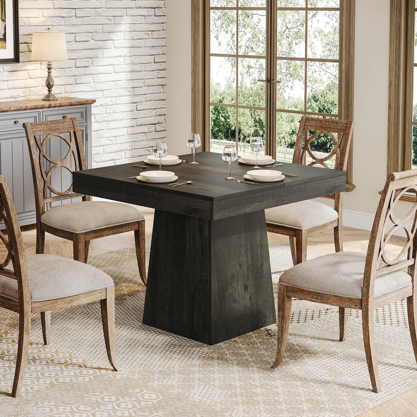 Tribesigns Square Dining Table For 4 Farmhouse Pedestal Base