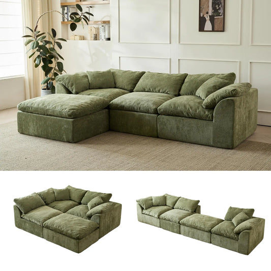Yeflixvrau Modern Cloud L-Shaped 3-Seater Chenille Sofa With Ottoman