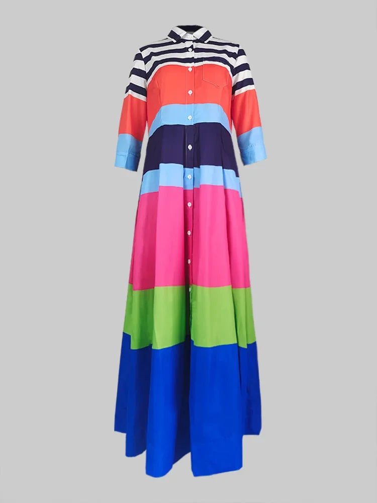 OSHOPLIVE Women Lapel Long Sleeve Striped A-Line Maxi Shirt Dress