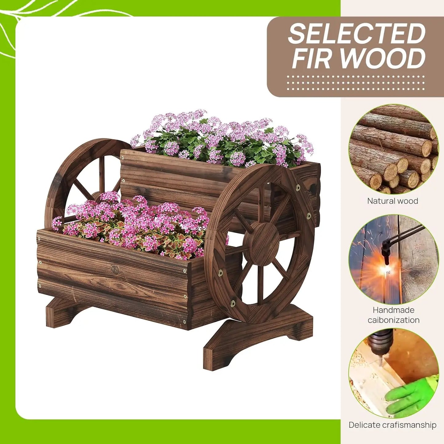 Wooden Wagon Planter With Wheels For Succulent Outdoor Garden Decor