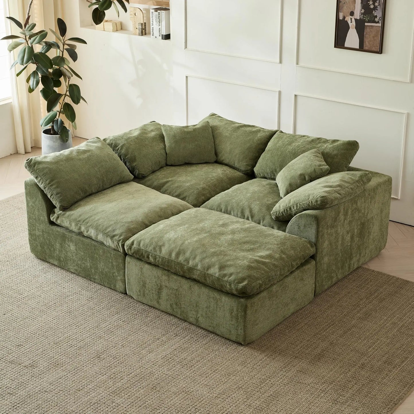 Yeflixvrau Modern Cloud L-Shaped 3-Seater Chenille Sofa With Ottoman
