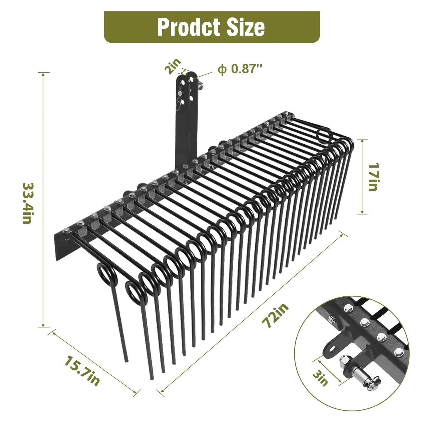 HiMISS Pine Straw Rake With Coil Spring Tines For Tractors