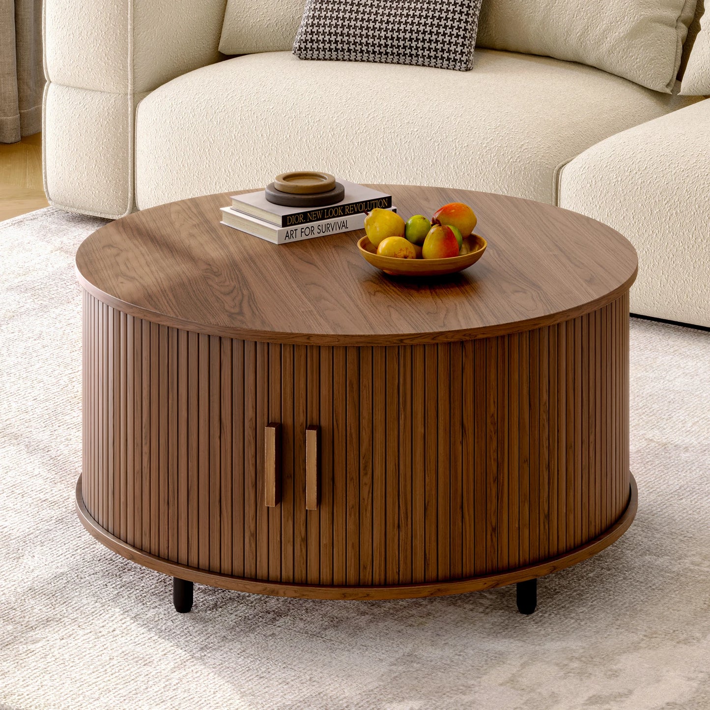ONBRILL Round Coffee Table With Storage And Sliding Door