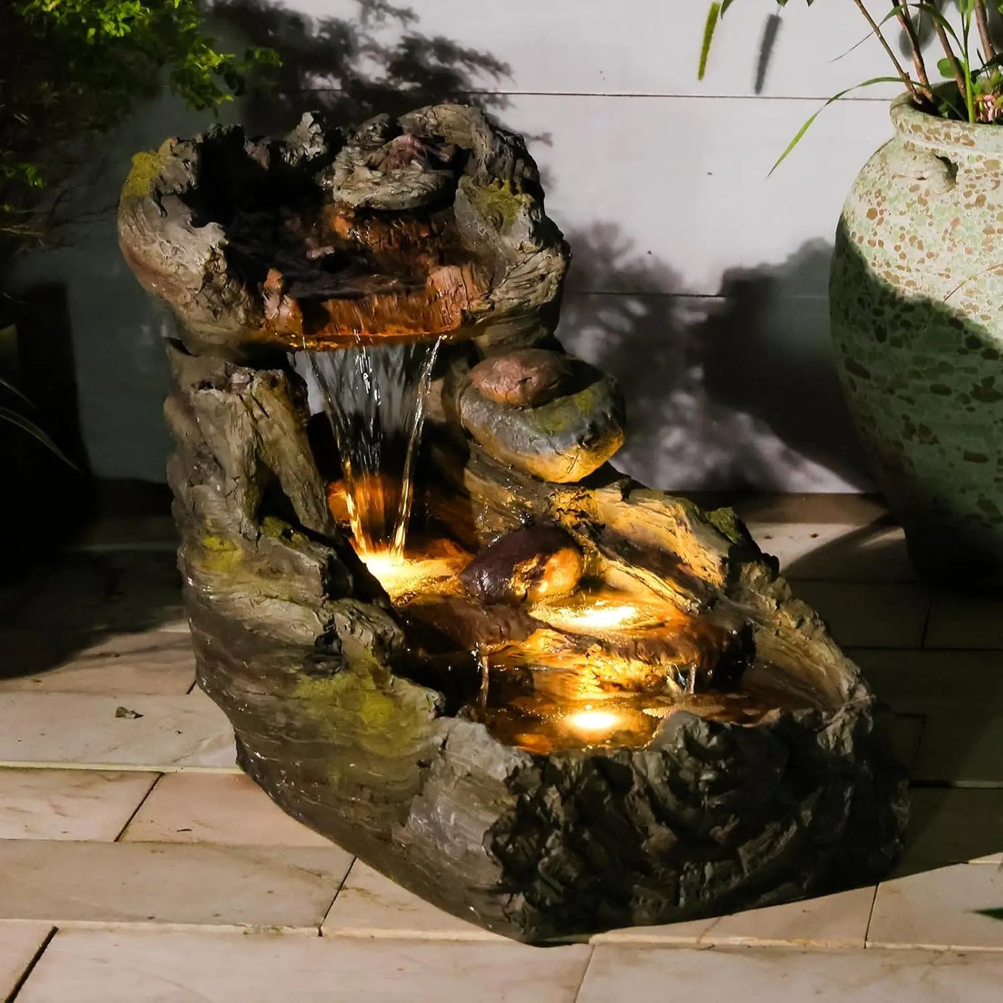Tree Trunk Outdoor Resin Waterfall Fountain With LED Lights