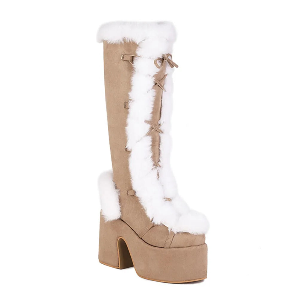 GIGIFOX Fur Super Chunky High Heel Platform Mid Calf Boots