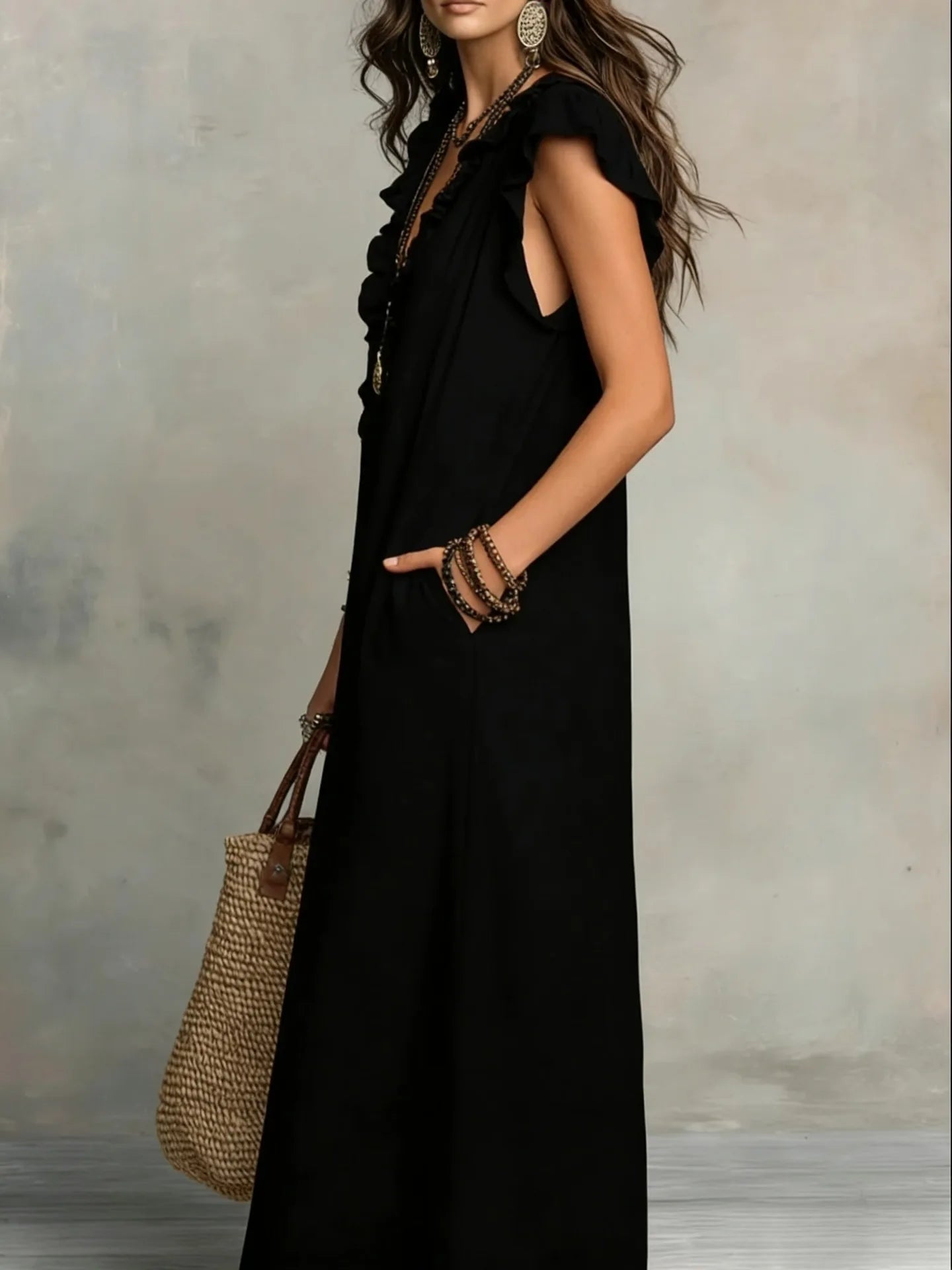 Women's Retro Bohemian Linen Maxi Dress With Ruffle V-Neck