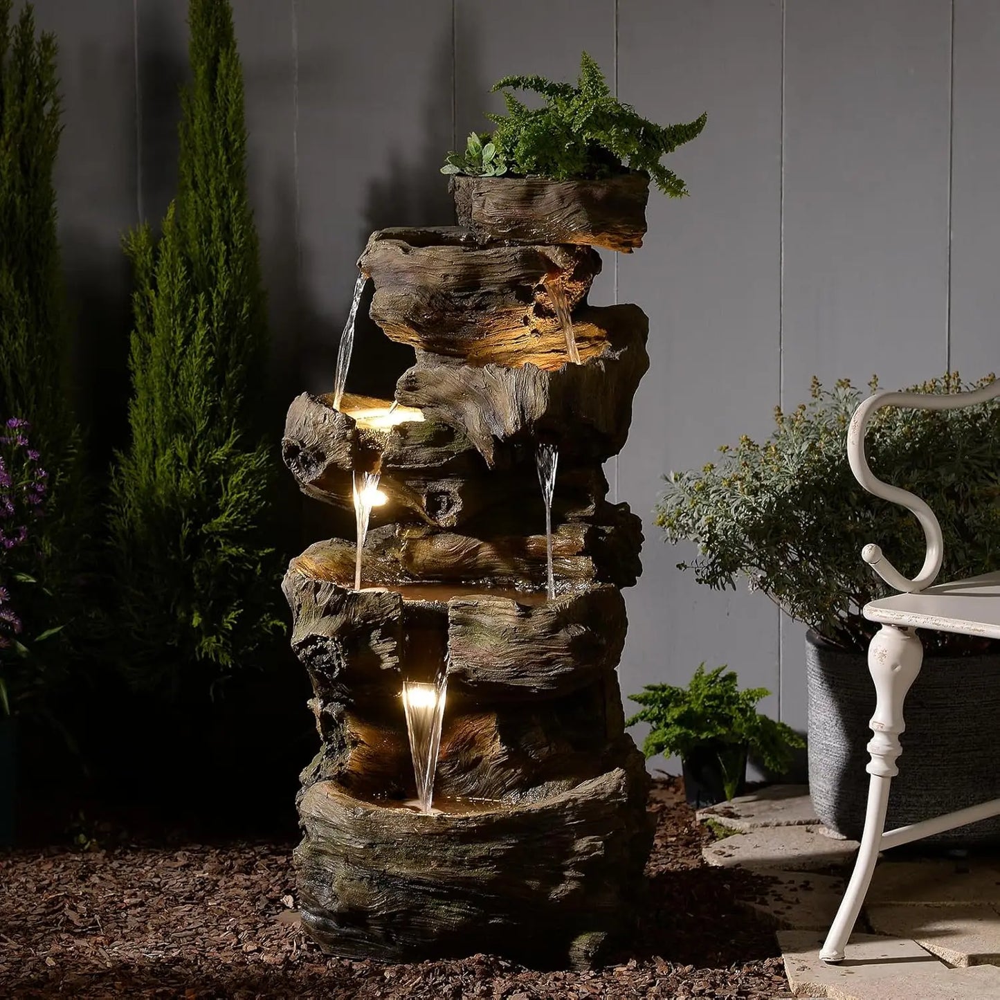 Tree Trunk Outdoor Resin Waterfall Fountain With LED Lights