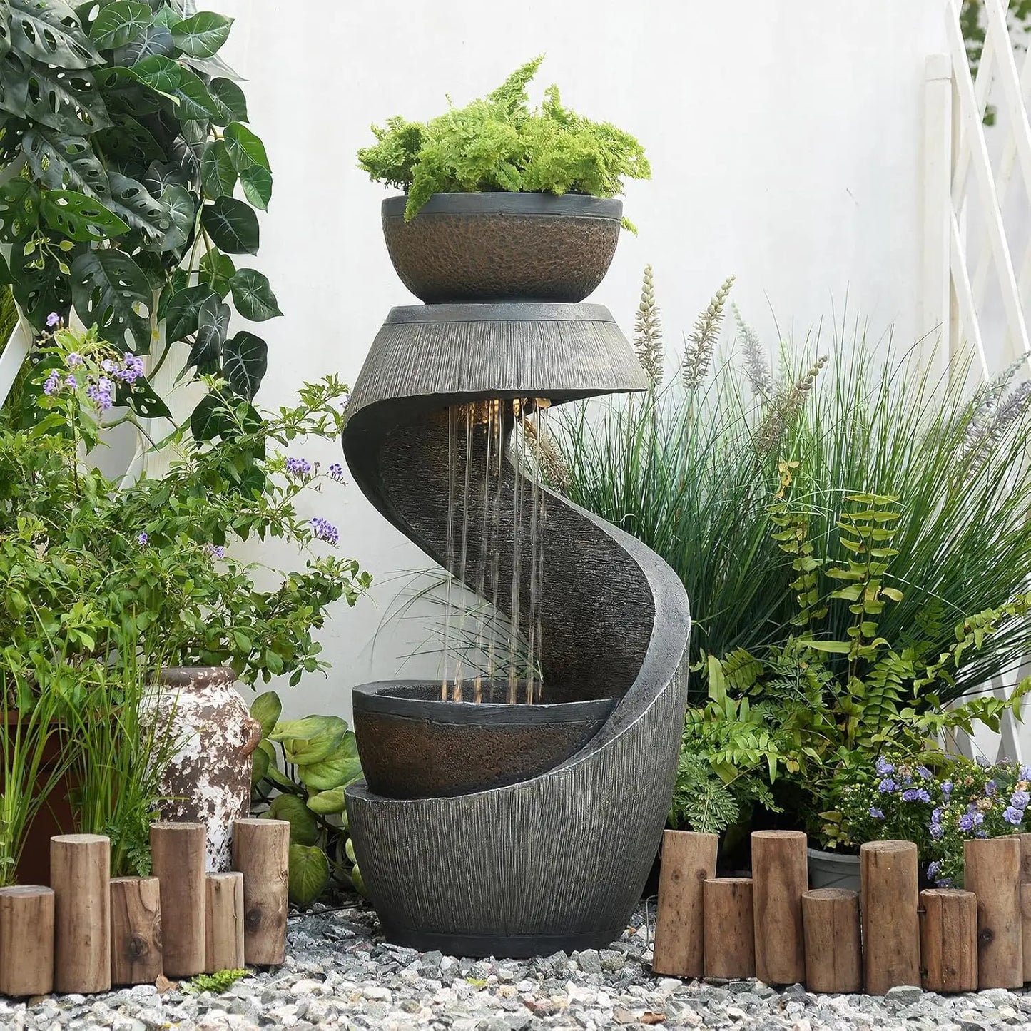 S Shaped Outdoor Fountain With LED Lights And Planter Bowl
