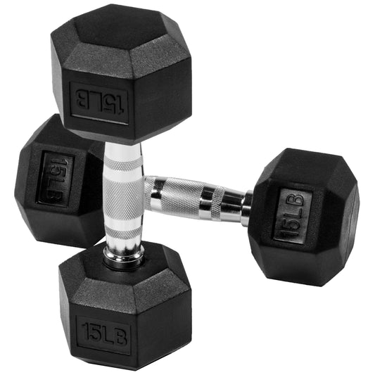 Rubber Coated Hex Dumbbells 15 Lb Set For Exercise Fitness