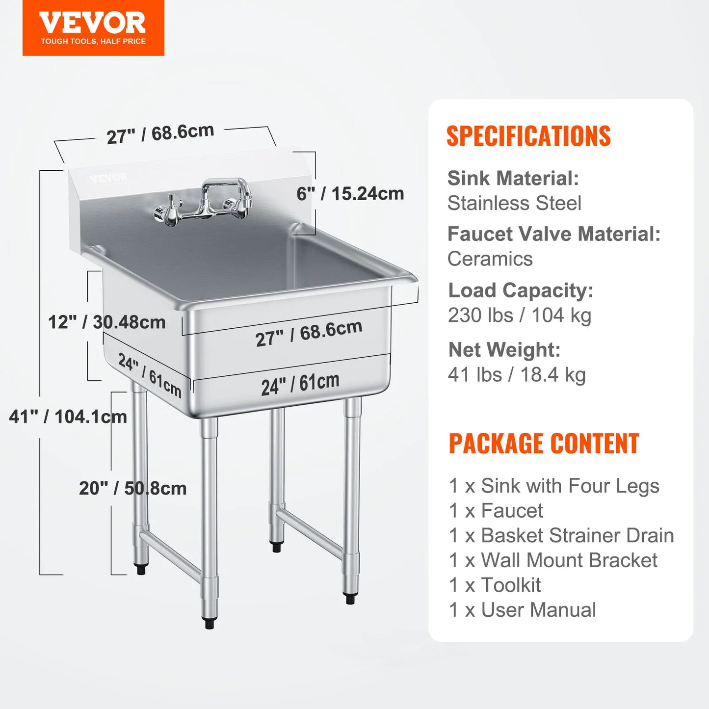 Stainless Steel Kitchen Prep Utility Sink With Faucet For Restaurant
