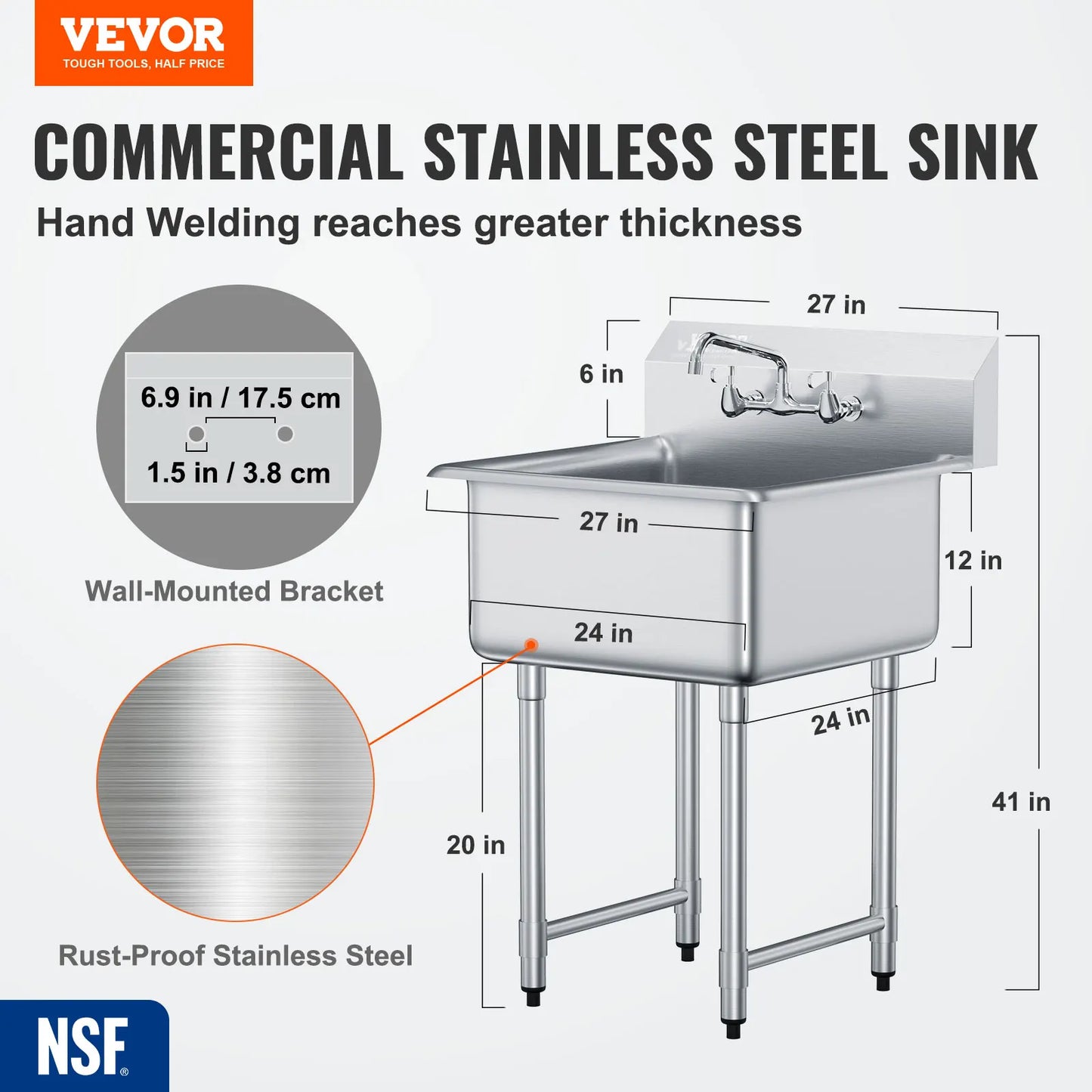 Stainless Steel Kitchen Prep Utility Sink With Faucet For Restaurant