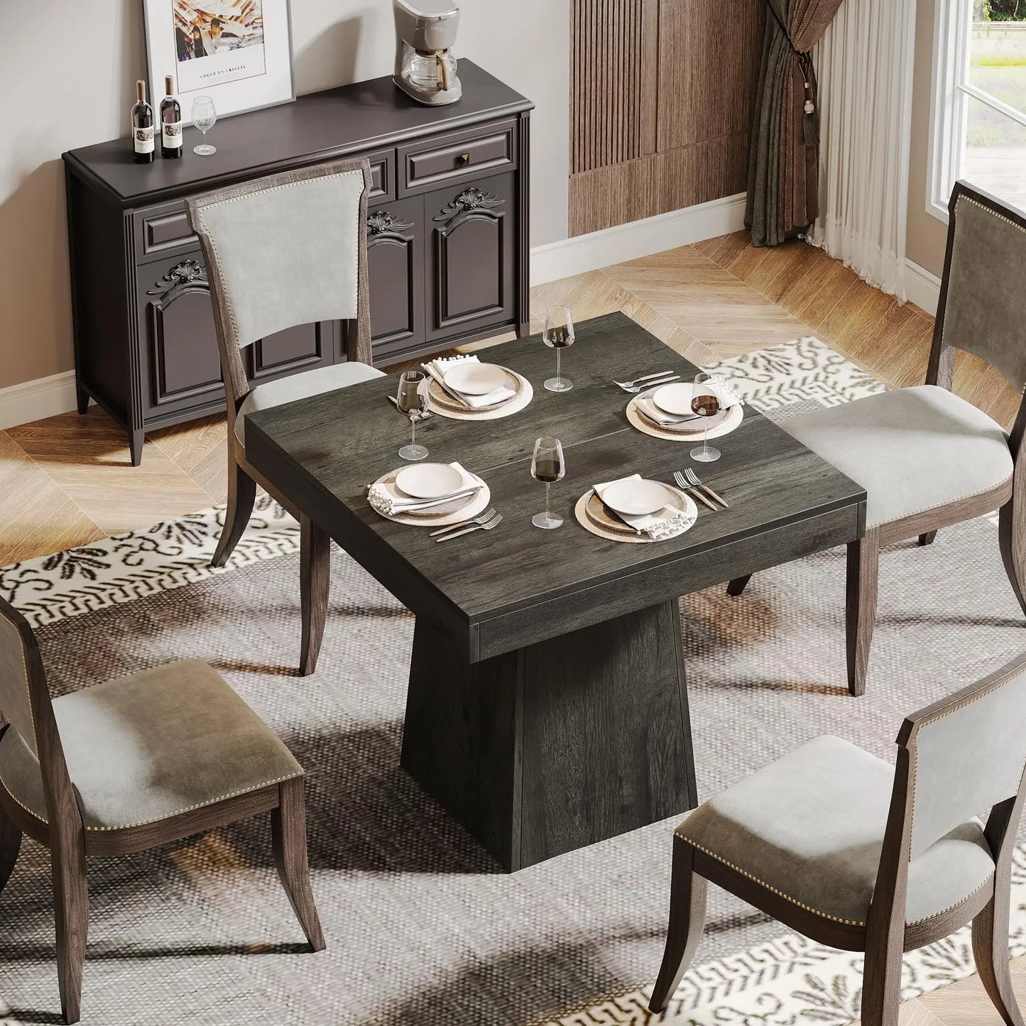 Tribesigns Square Dining Table For 4 Farmhouse Pedestal Base