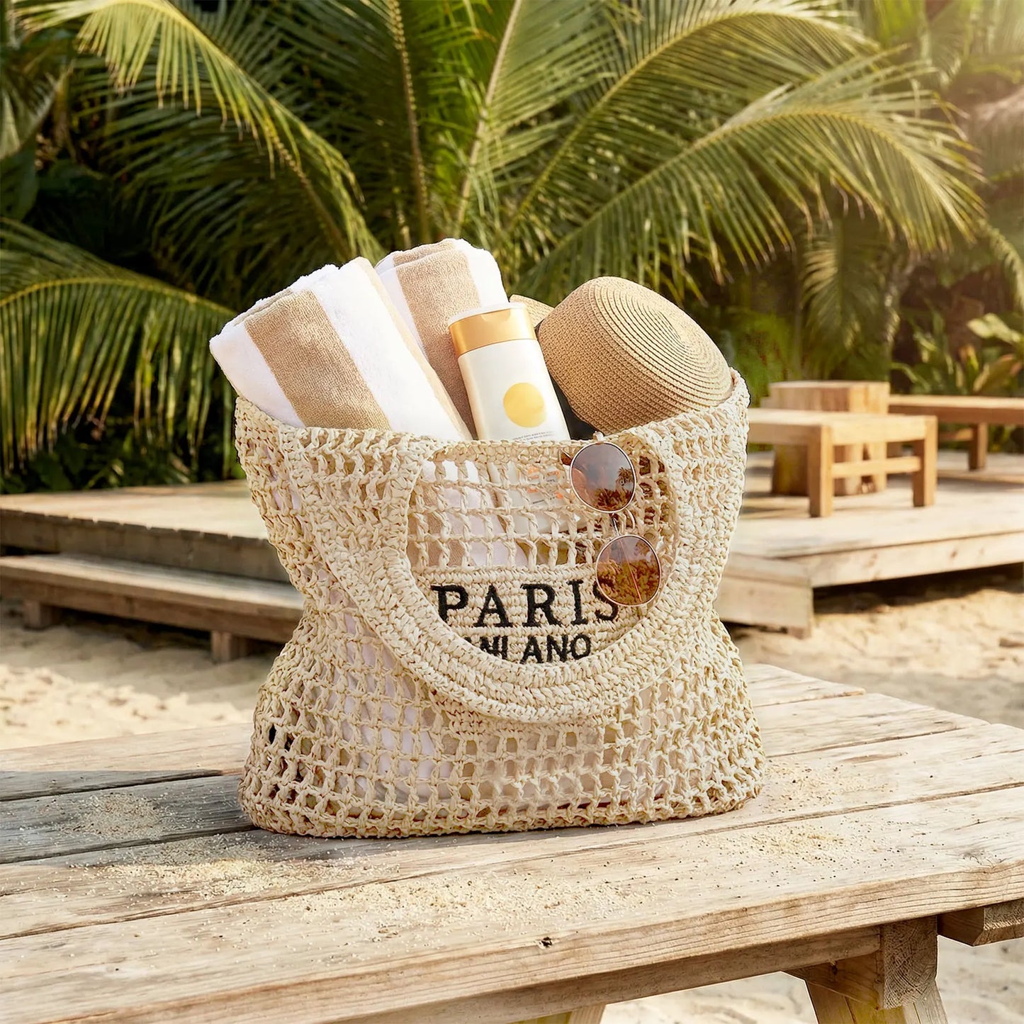 Women Straw Beach Tote Handmade Woven Summer Mesh Shoulder Bag