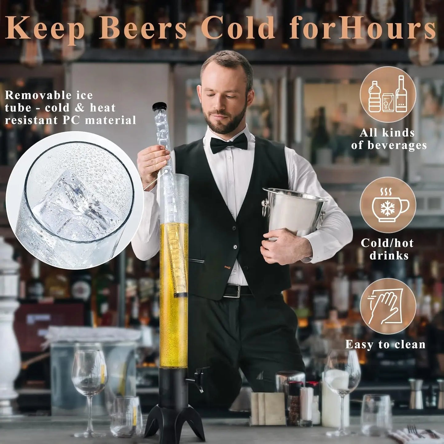 3L Drink Tower Dispenser With Ice Tube And LED Light