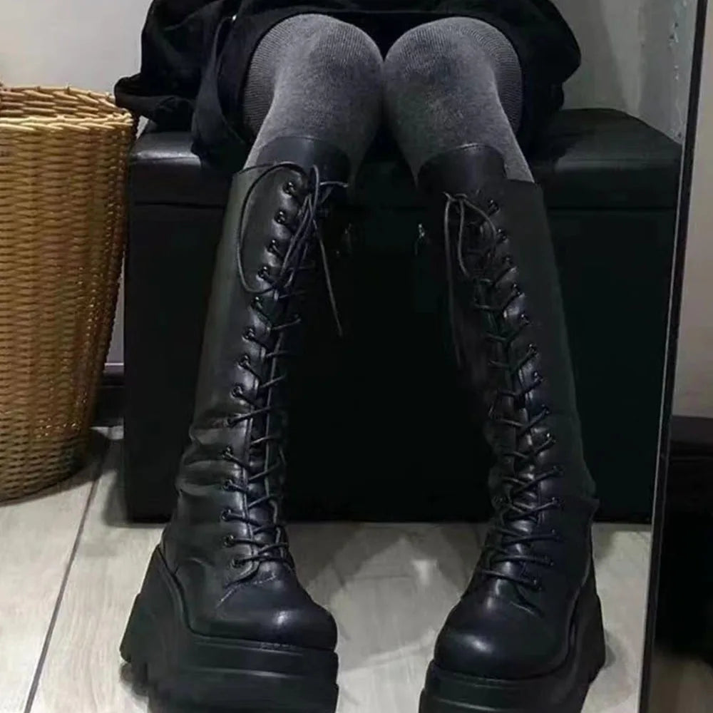 DoraTasia Gothic Mid Calf Boots With Side Zip Lace