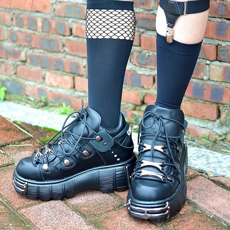 Platform Women Sneakers With Metal Decoration Punk Gothic Style