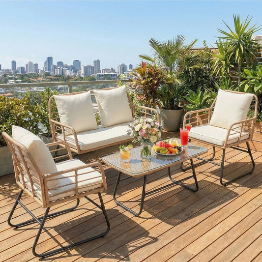 Outdoor Wicker Patio Furniture Set 4 Pieces With Glass Table