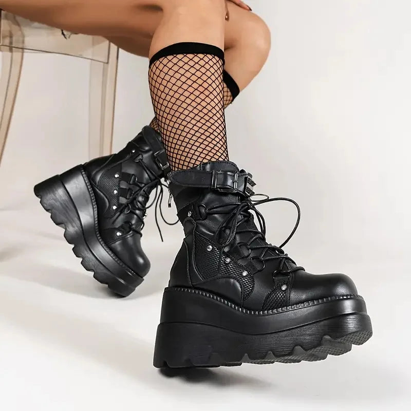 GIGIFOX Women Gothic Wedge Combat Boots Buckle Lace Up Zipper