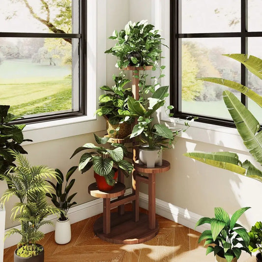 XMSJ Wooden Plant Stand Indoor Outdoor Corner Shelf