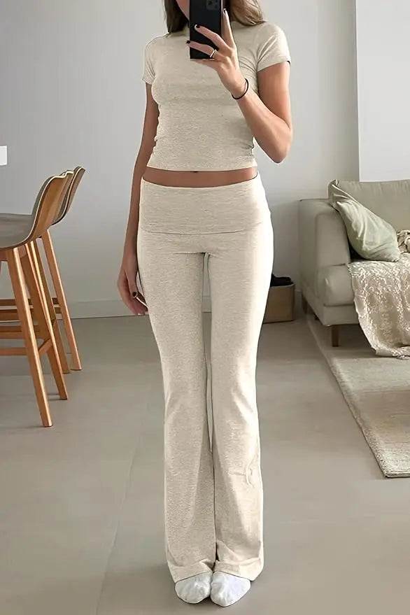 Womens Two Piece Yoga Set With Short Sleeve Flared Pants