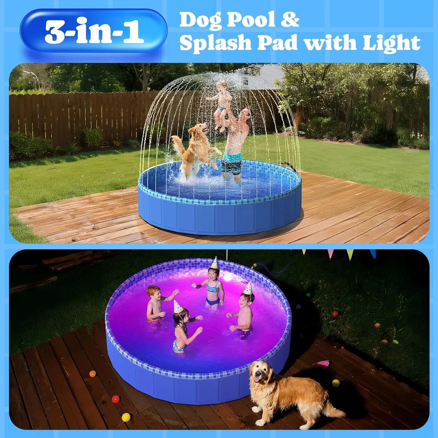 Foldable Dog Pool With Sprinkler RGB LED Light Collapsible Plastic