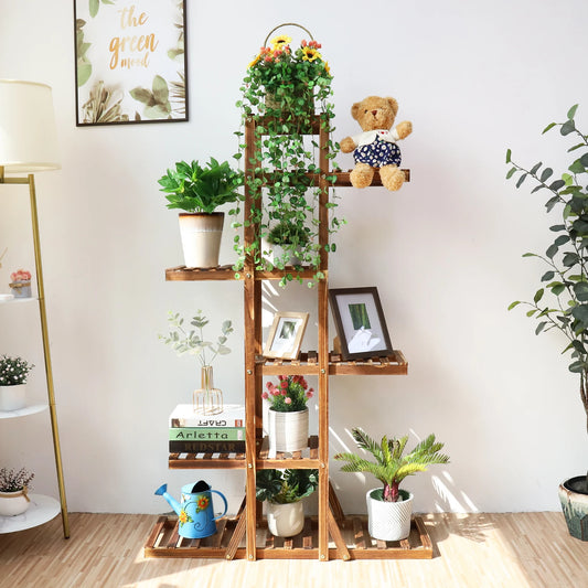 BINGOPAW 6 Tier Wooden Plant Stand Carbonized Wood Bonsai Display