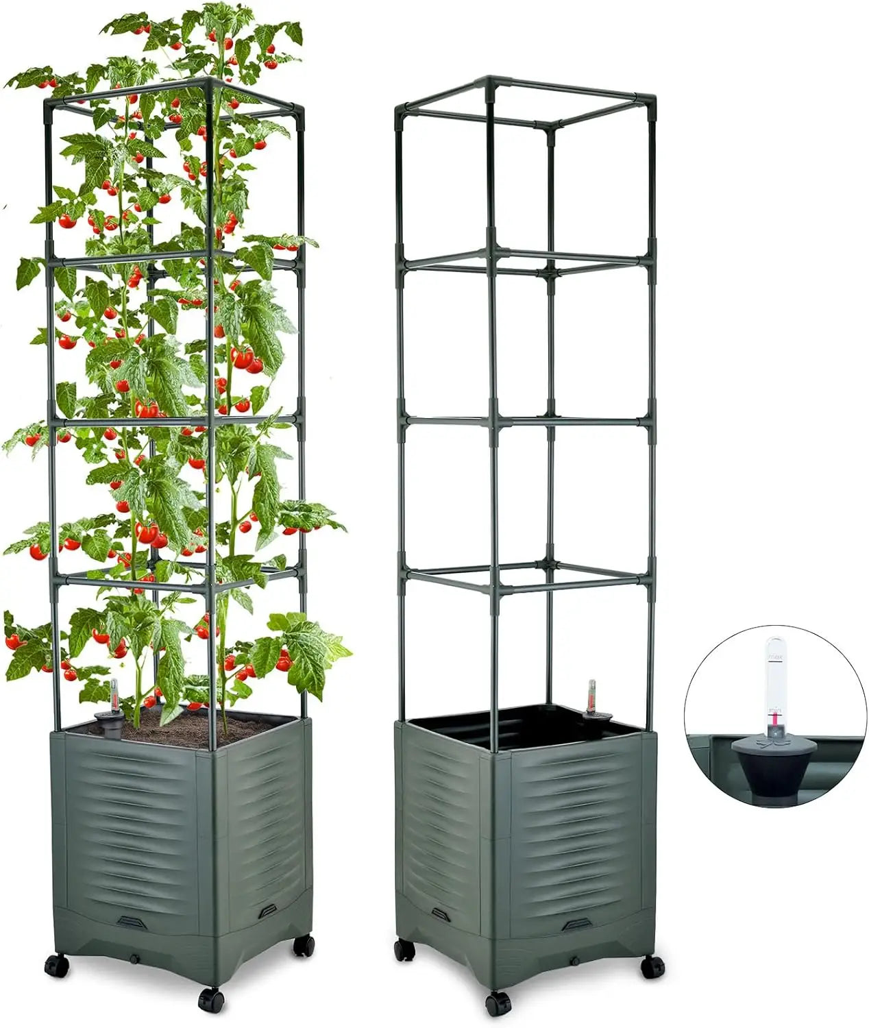 Self-Watering Tomato Planter With Wheels Metal Trellis And Water Indicator